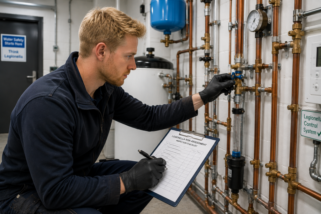 VIC Plumbing engineer carrying out a Legionella risk assessment inspection